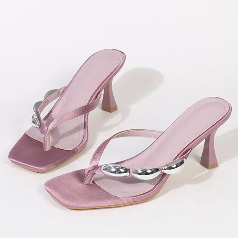 Fashion Metal Narrow Band Designer Flip Flops Women Summer Slippers Low Heels Gladiator Slide Sandals Ladies Shoes Sandalias De Mujer