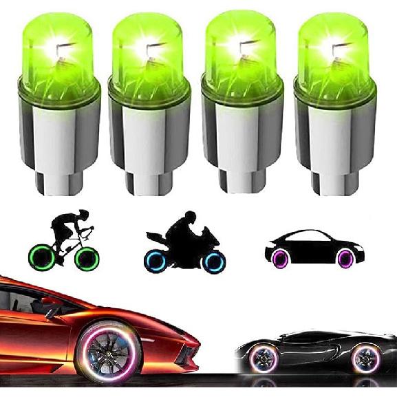 4 Pack LED Valve Stem Caps Lights for Car Tires Wheel Assemblies Auto Motion Light up in Dark Air Neon Bicycle Motorcycle Tyre Bike Truck Golf Cart