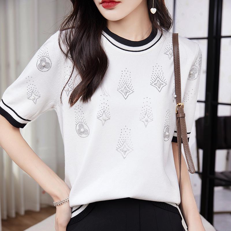

Женская футболка с коротким рукавом из ледяного шелка с железным бриллиантом и круглым вырезом на лето, новая тонкая трикотажная футболка с коротким рукавом в стиле колор-блок S белый