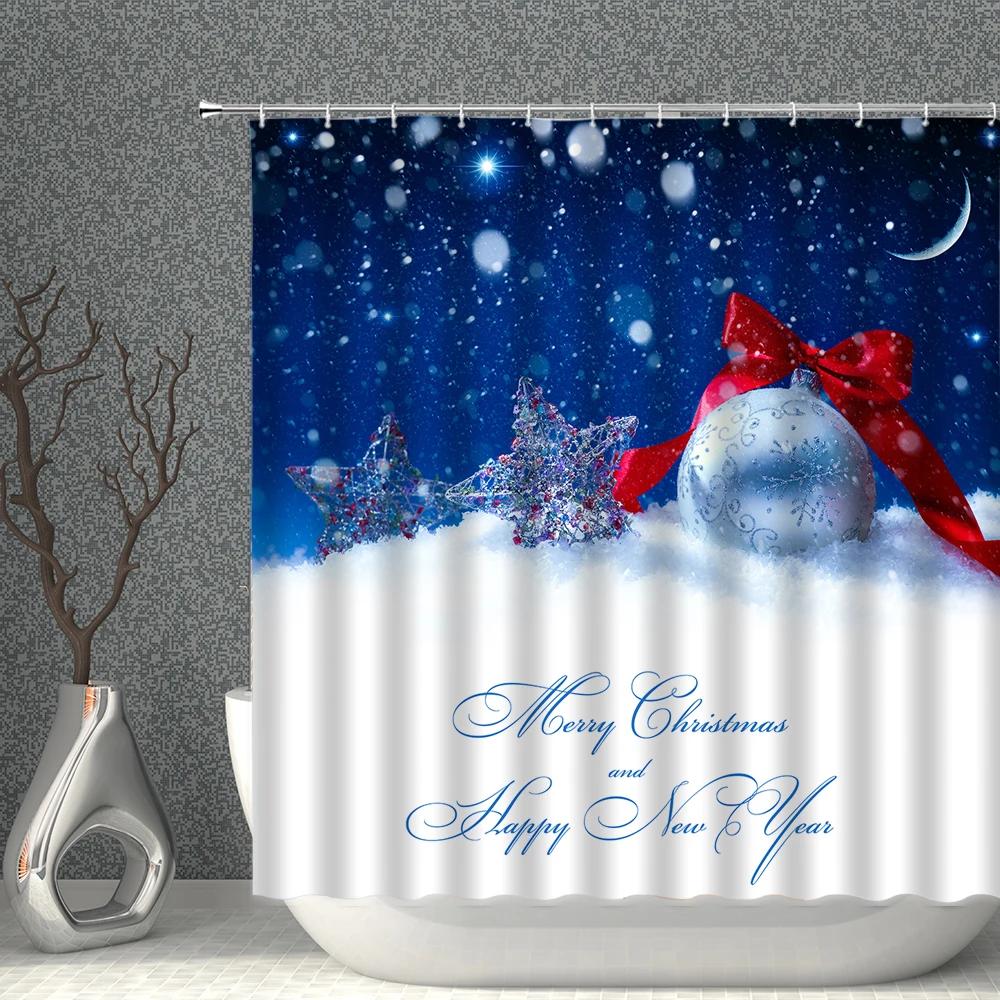 ChristmasTree Bells Shower Curtain Set Happy New Year Waterproof Polyester Cloth Curtains With Hooks Bathroom Home Decor