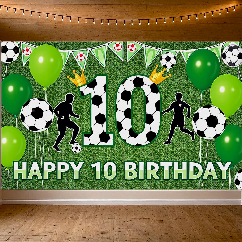 Soccer Themed Happy 10th Birthday Banner Sports Style Birthday Party Decoration Backdrop Photo Background for Celebration Events