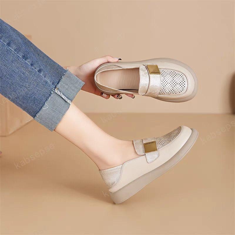 Fashion Summer Hollow Slip-on Ladies Footwear Cheap Liquidation Wholesale Casual Popular 39 Round Toe Leather Women's Flat Loafers Shoes