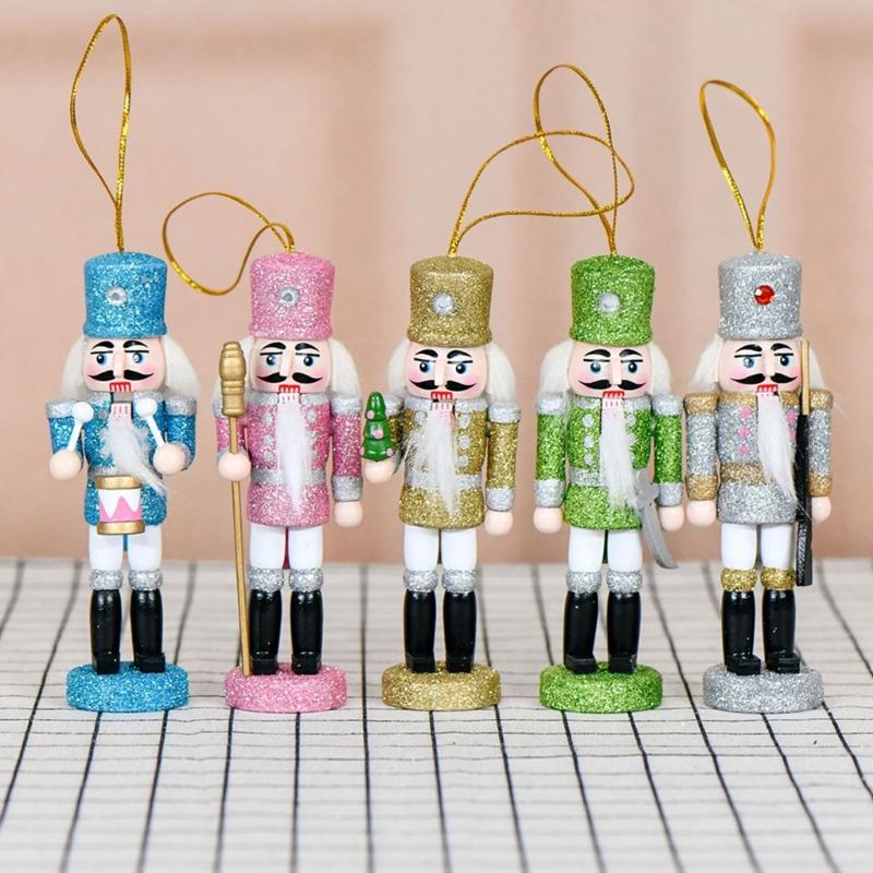 5Pcs Colorful Glitter Nutcrackers Figurine Wooden King and Soldier Festives Decors Hanging Ornaments For Holiday Parties