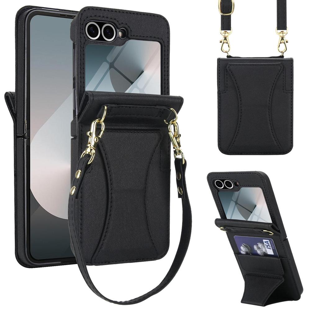 Samsung Flip6/7 Leather Crossbody Phone Case with Card Slot & Tempered Film Protection