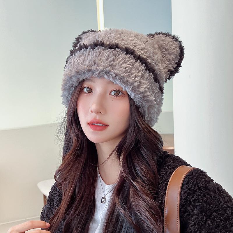 Plush and Cute Bear Ears Hat for Women In Autumn and Winter Japanese Style Sweet Striped Contrasting Color Warm Knitted Beanie