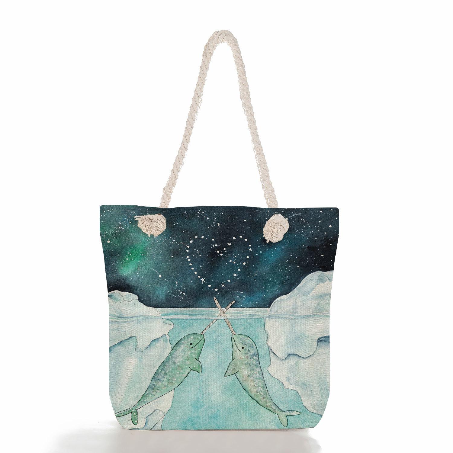 

Whale Girl print thick rope single-shoulder beach bag 7271