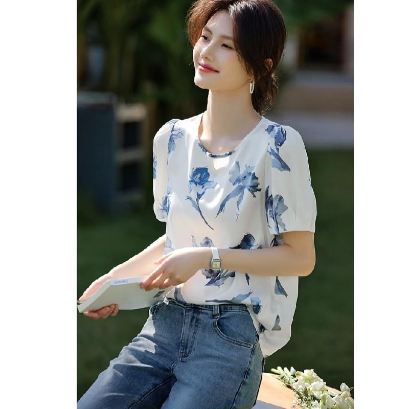 Youthful Age-reducing Temperament Short-sleeved Shirt Summer Fresh and Elegant Printed Round Neck Top