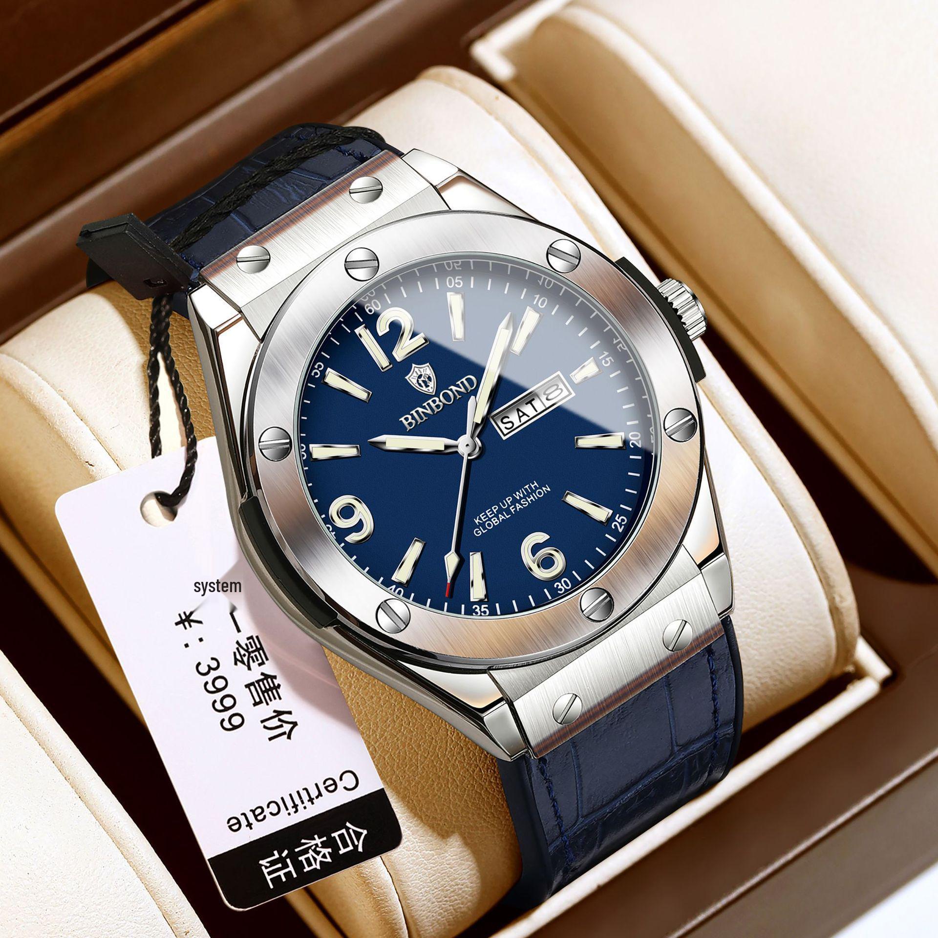 Binbang Men’s Trendy Dual Calendar Quartz Watch - Korean Style with Versatile Leather Strap Blue Leather - White Steel - Blue Dial