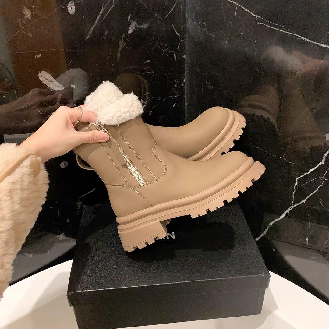 

2024 зима нові корейська версія товстий каблук бічна блискавка з язичком потовщені черевики Мартін жіночі оксамитові короткі снігові черевики бавовняні черевики 40 хакі