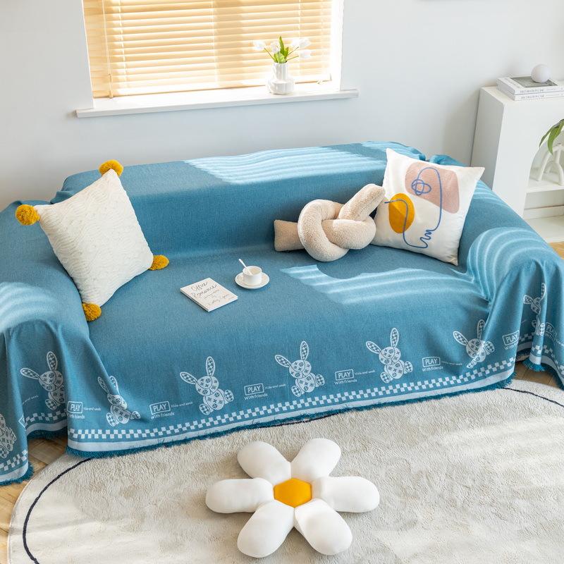 

Хлопково-льняное покрывало на диван, чехол, мультяшный медведь, кролик, диванное полотенце, универсальное для сезонов, нескользящее, пылезащитное, декоративное одеяло 180x130cm1pcs