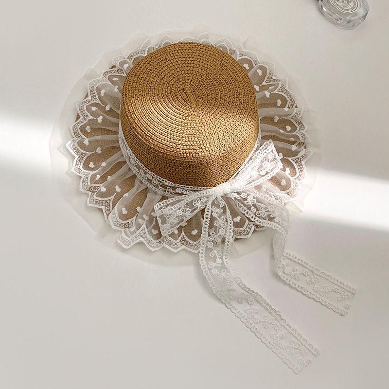 New straw hat women's summer foreign style lace bow sunscreen sun hat outdoor beach hat sunshade straw hat