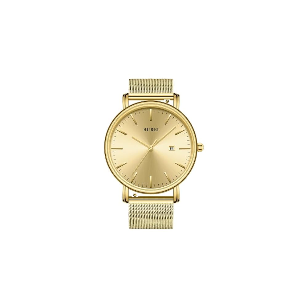 BUREI Men s Analog Waterproof Watch Gold Milanese Mesh Band Stylish Design