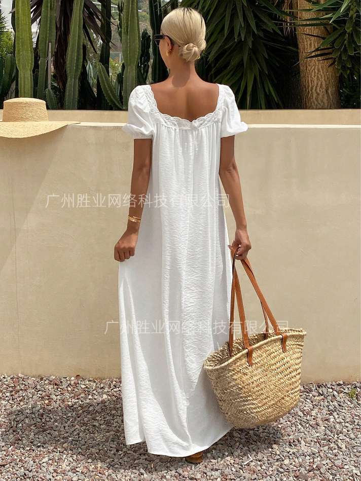 2025 summer new European and American cross-border foreign trade summer lace square collar pleated bubble sleeve long skirt seaside vacation style