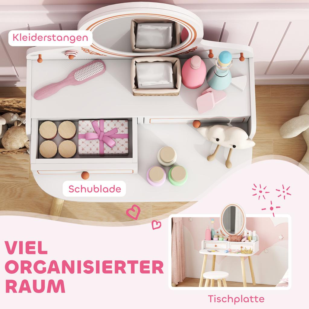 Kids Vanity Table Set Dressing Table with Stool Mirror Drawers Clothes Rails for 3-8 Years 56 X 38 X 87.8 Cm White