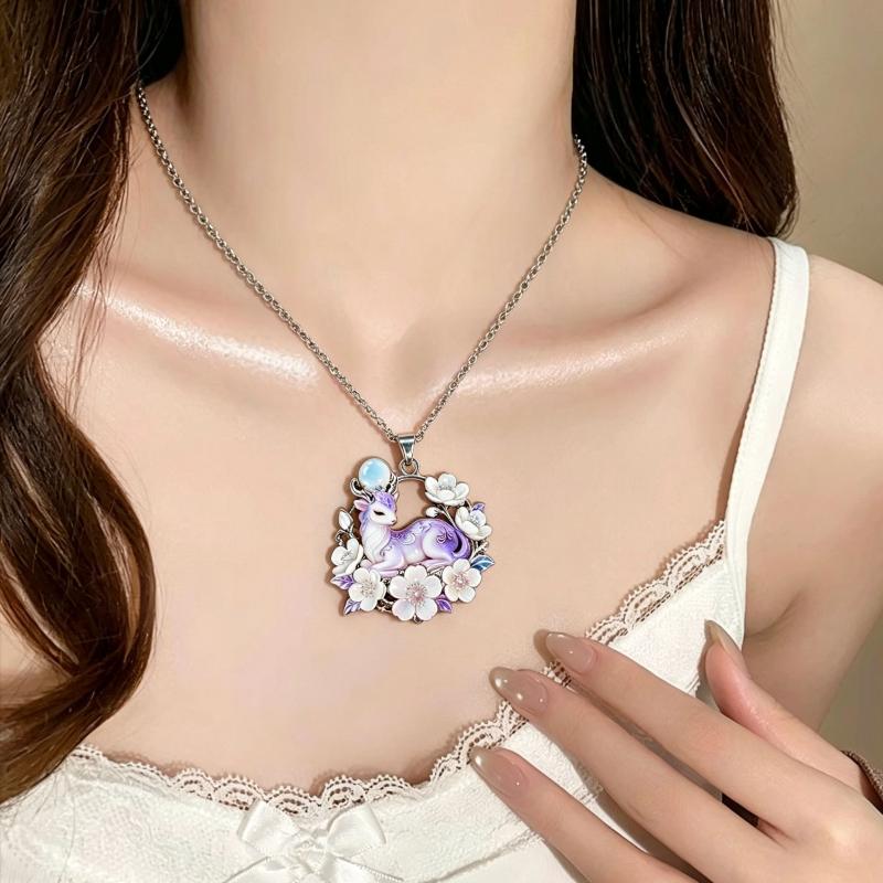Nine Tailed Fox Enamel Pendant Necklace Colorful Hand-Painted Chinese Mythology Jewelry for Women Thanksgiving Gift