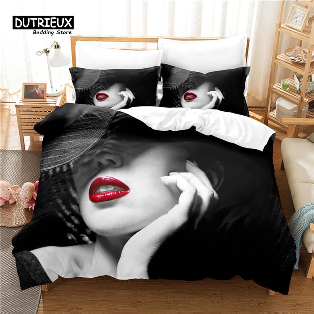 Red Lipped Beauty Bedding Set, 3Pcs Duvet Cover Set, Soft Comfortable Breathable Duvet Cover, For Bedroom Guest Room Decor