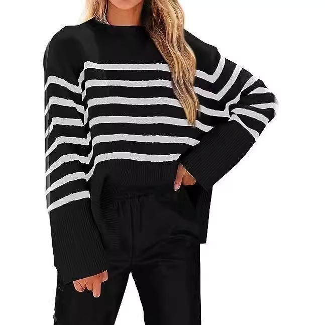 Autumn and Winter Hot Sale European and American Fashion Striped Loose Fat Sleeve Women's Knitted Sweater