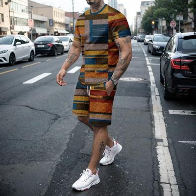 Summer Men's Two-piece 3D Checkered Patchwork Short Sleeved Shorts Set Men's Novel and Creative Fashion Set Men's Clothing