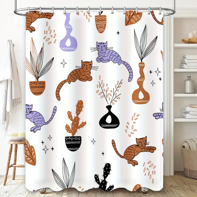 Modern Bathroom Shower Curtain With Flora Cats Design White Polyester Fabric Waterproof Decorative For Home Bathrooms