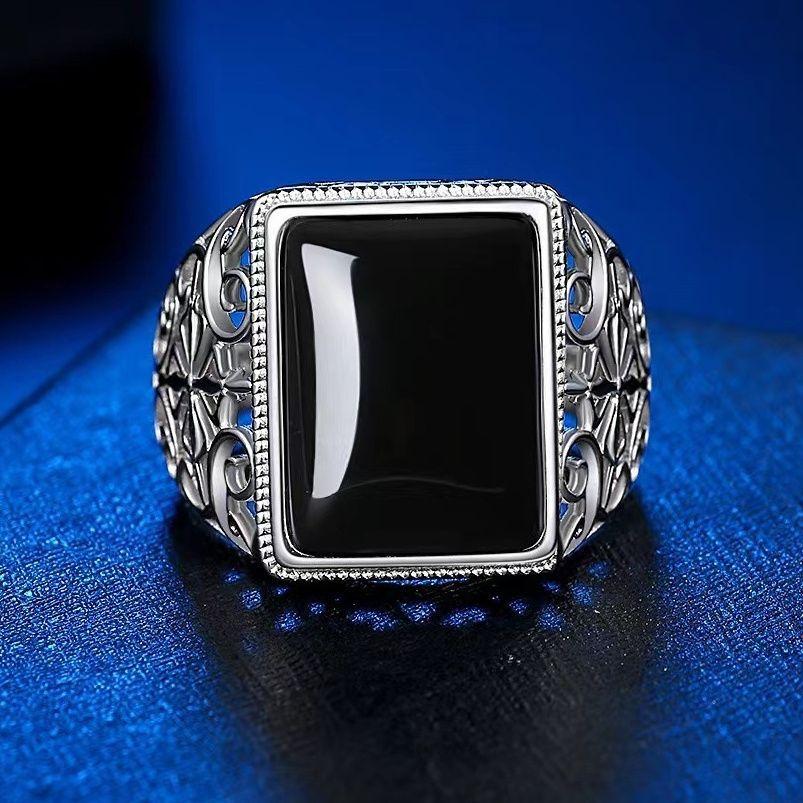 Ethnic Hollow Imitation Green Agate Men Adjustable Ring