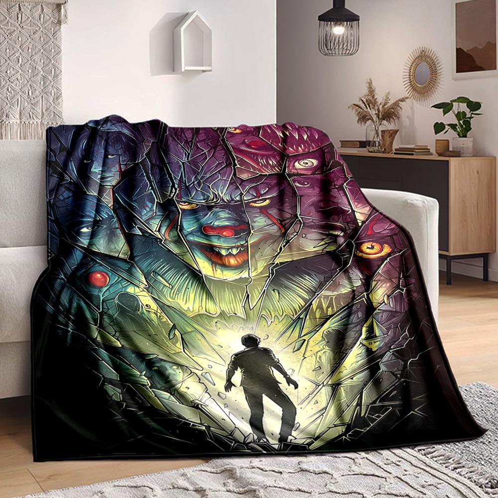 1pc It "Clown" Flannel Throw Blanket - HD Printed Lightweight Soft Warm All-Season Blanket for Sofa, Bed, Travel, Camping001