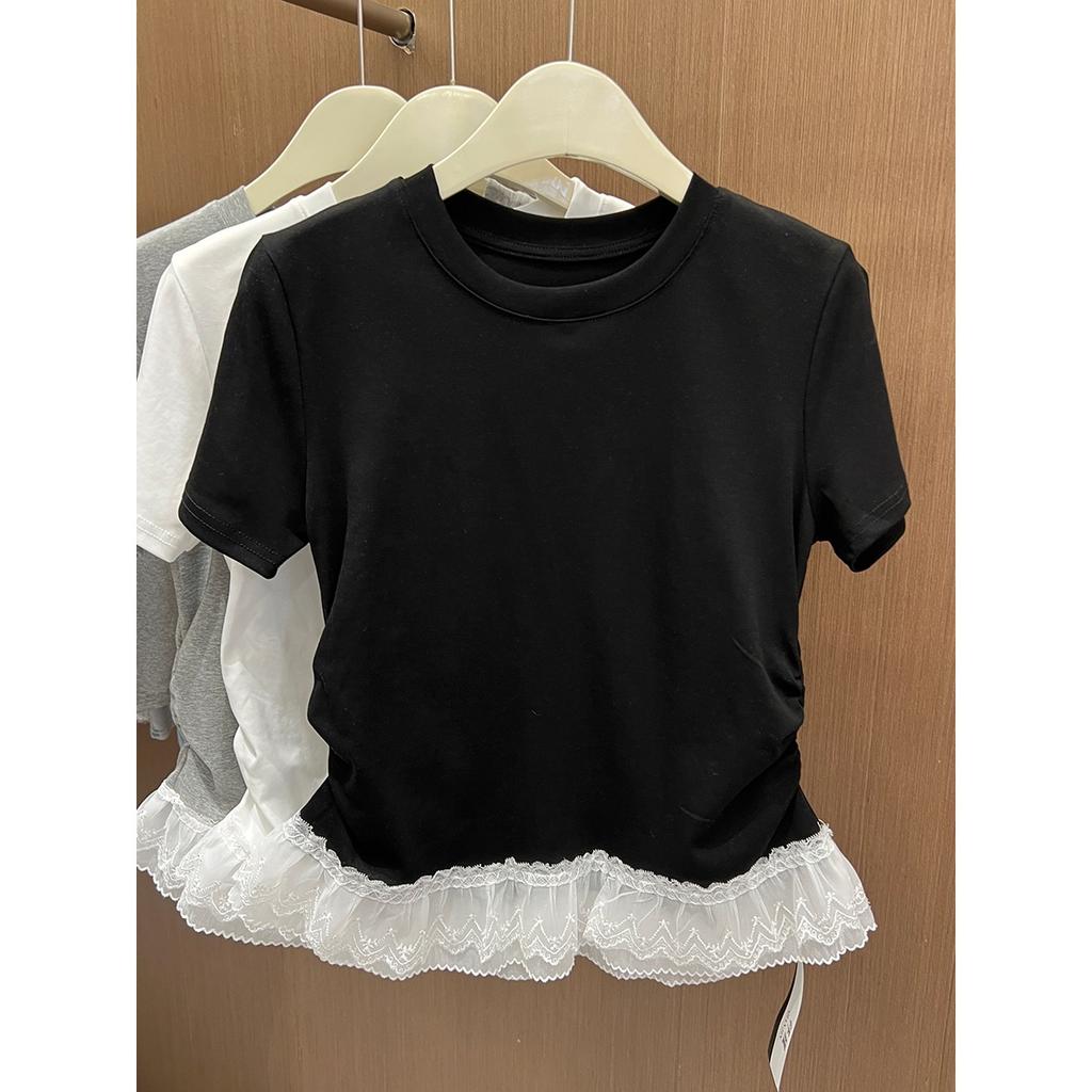 Special Xiaohongshu cotton elastane white lace splicing front shoulder short sleeve t-shirt women