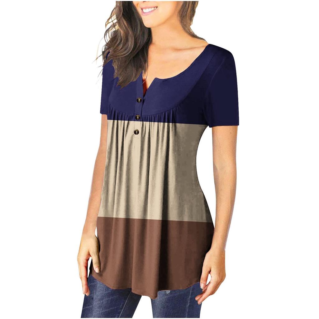 Women's V-Neck Color Block Patchwork Printed Button Flower Short Sleeve T-shirt Top