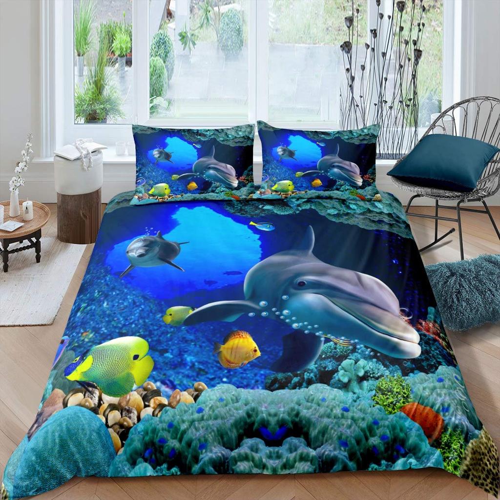 Kid Dolphin Duvet Cover Set King Size Cute Dolphin Marine Life Comforter Cover Microfiber Blue Wave Decor Quilt Cover For Teens