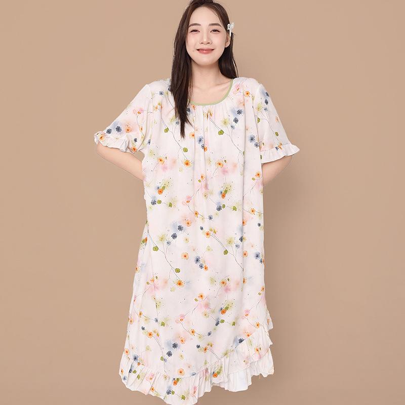 1011 spring and summer new oil painting style nightdress women's cotton and silk loose large size ruffle edge short-sleeved loungewear dress