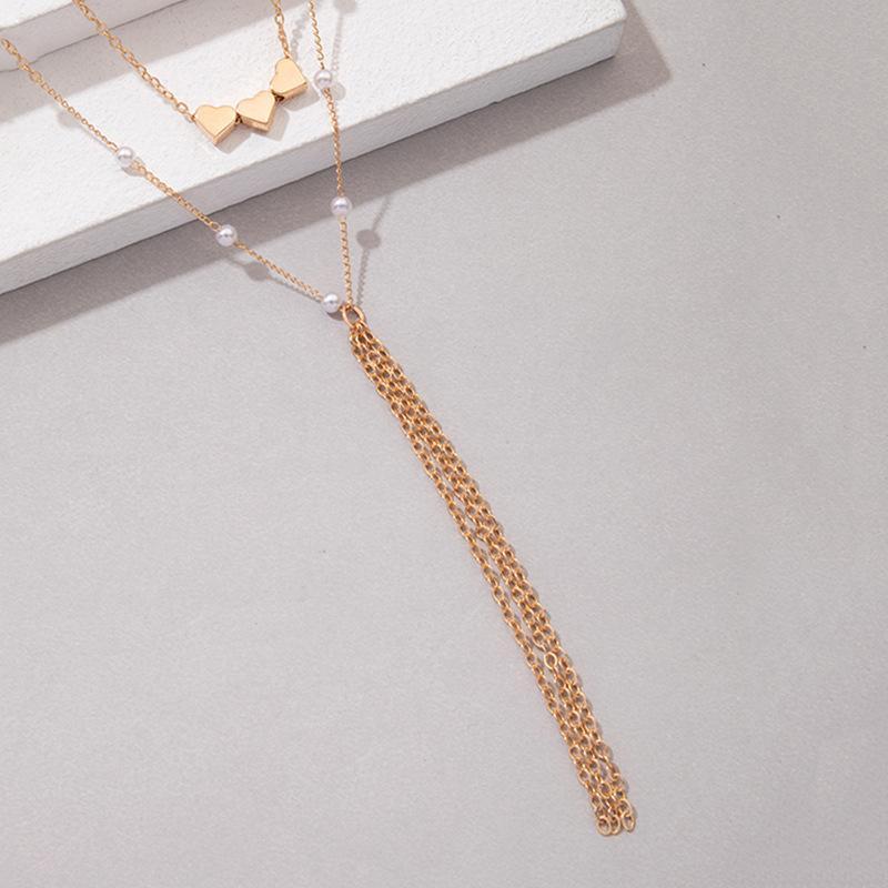 Double Chain Fringed Pearl Necklace Women's Niche Design Sense Love Collarbone Chain Versatile Neck Chain Sweater Chain