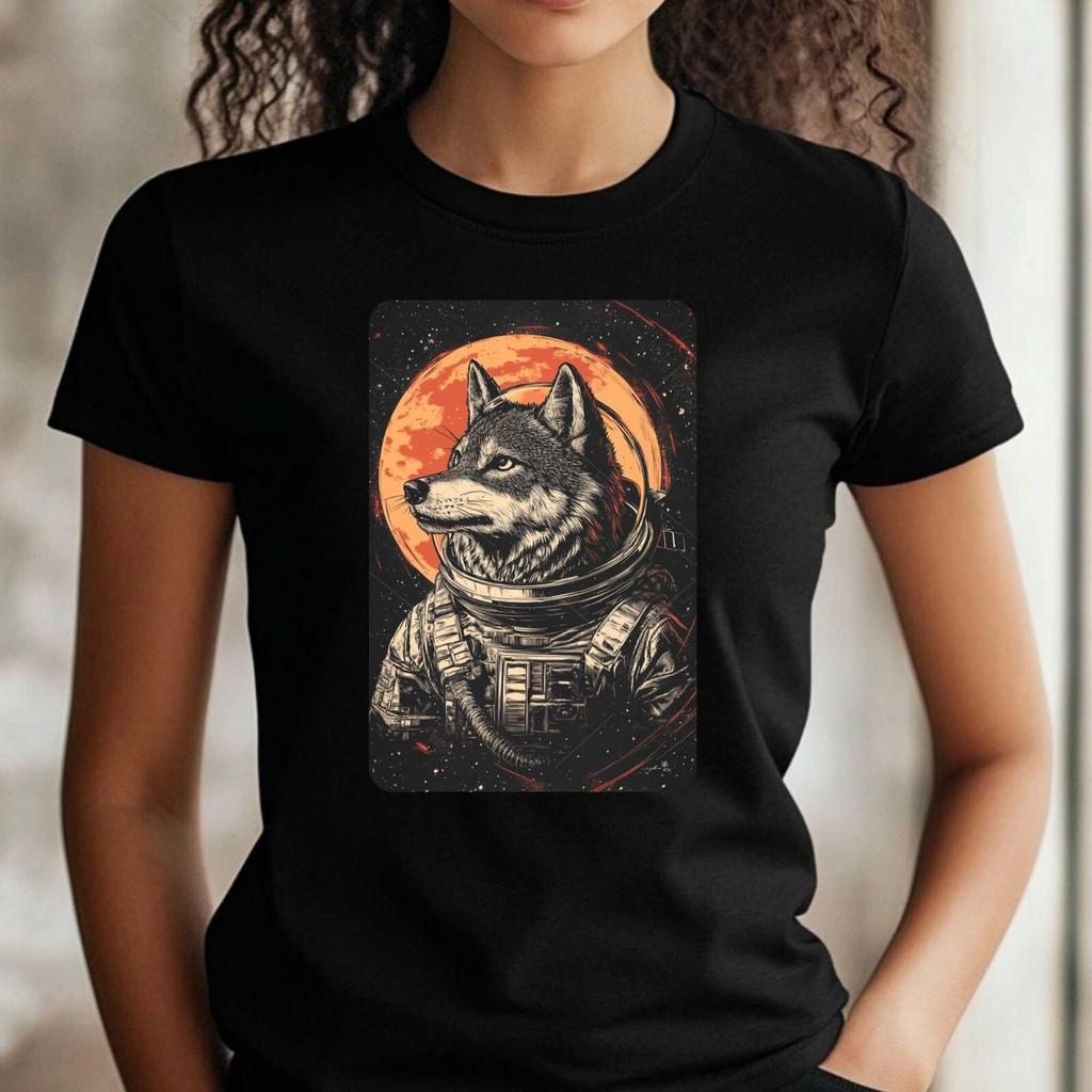 T-Shirt Frauen Wolf als Astronaut Motiv Baumwolle Größe XS bis 3XLWird in neuem Fenster oder Tab geöffnet