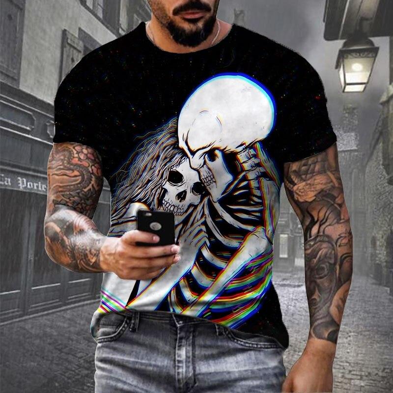 Černé tričko Lebka Pánské Punk Tričko Lebka Rock Gun Modré tričko Tričko s 3D potiskem Retro gotické pánské oblečení letní top