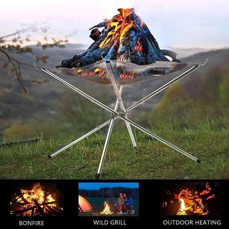 Foyer Portatif Extérieur Grille en Acier Pliante Support de Feu Poêle Chauffage au Bois Matériel de Camping Jardin Arrière Avec Sac de Transport