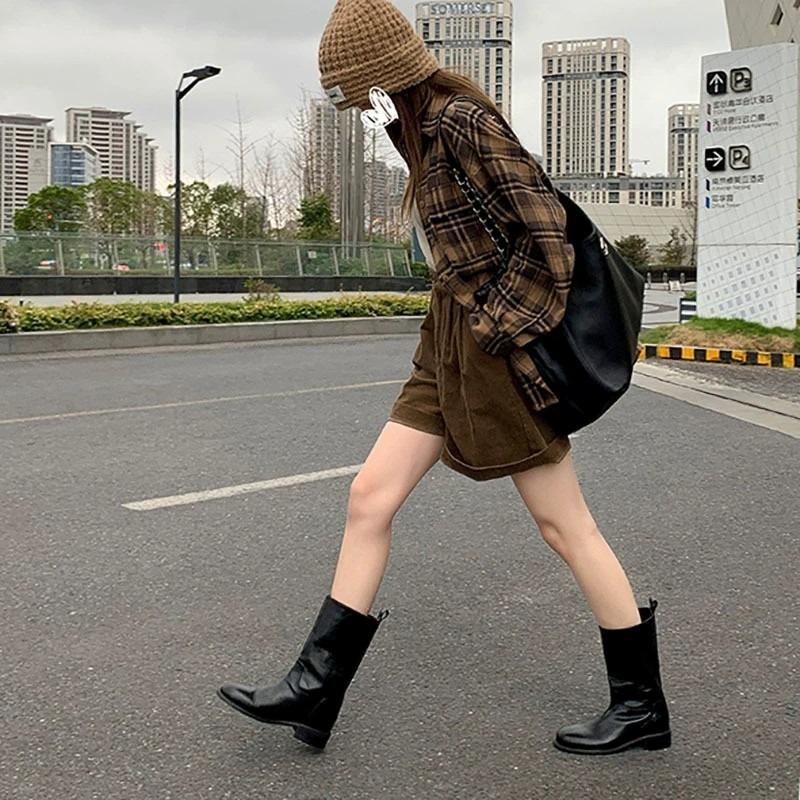 Black New Autumn and Winter Retro Medium Tube Knight Short Boots Women's Niche Thick Heel Western Boots