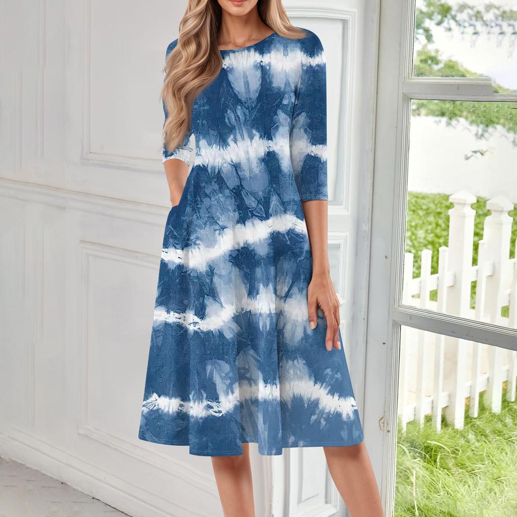 Women's Casual Fashion Round Neck Three Quarter Sleeve Print Midi Dress