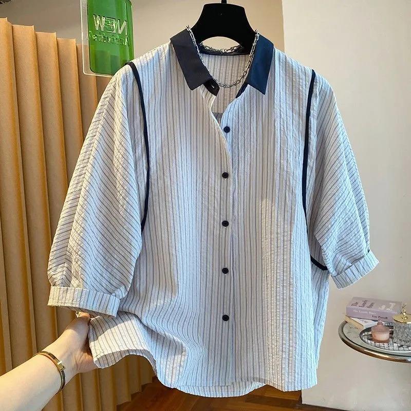

Striped Short-sleeved Shirt for Women New Summer Style Loose Casual Thin-section Shirt Five-point Puff Sleeves 4XL синій