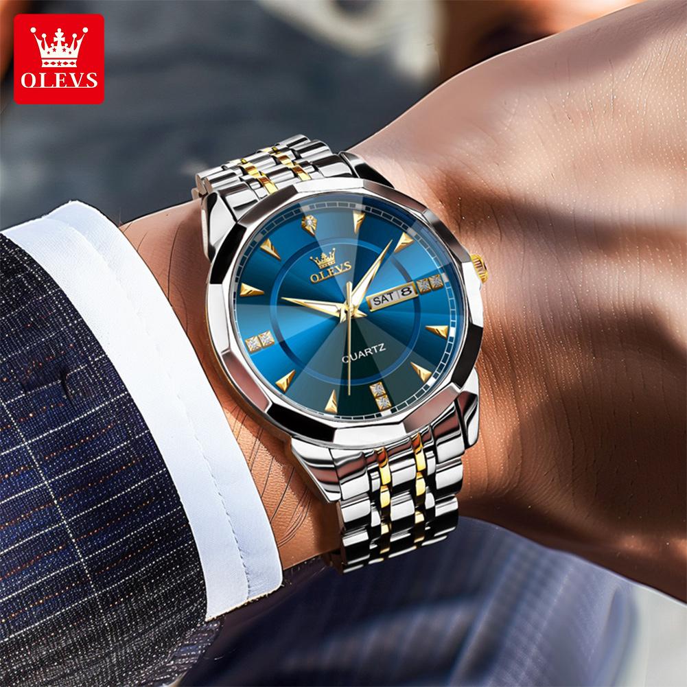 OLEVS Fashion Classic Dual Calendar Quartz Watch For Men Rhombus Mirror Luxury Wristwatch Waterproof Original Man Watches