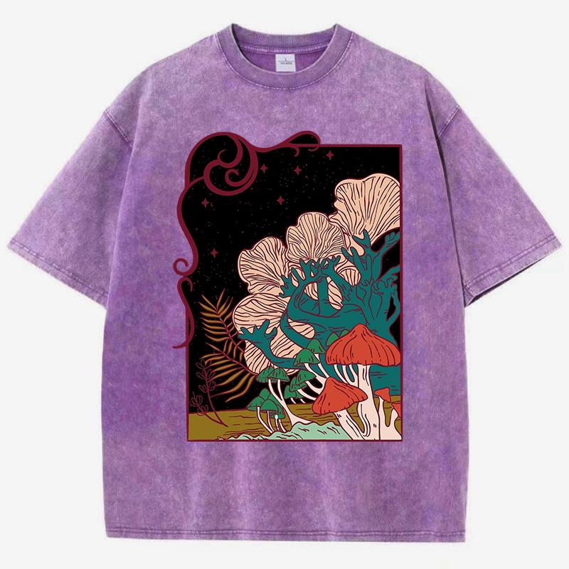 Cottagecore Garden Mushrooms Print Women Washed T Shirts Hip Hop Summer T-Shirt Loose Clothes Cotton Streetwear