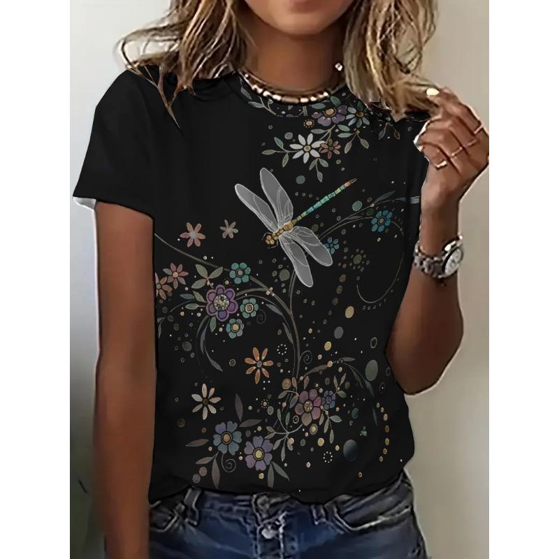 Summer Women's Clothing Clear 3D Printed Floral Pattern Round Neck Short Sleeved T-Shirts Women’s