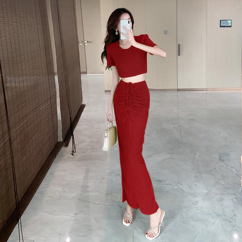 2026 Summer Trendy Celebrity Fitted Top & Hip-Hugging Skirt Set Large