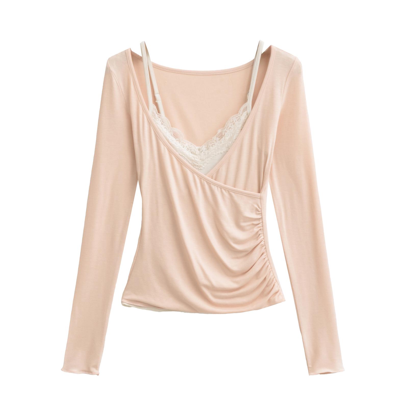 

V-neck Ruffle Long-sleeve T-shirt & Sexy Camisole Set - Women s Autumn/Winter Layering Top Large