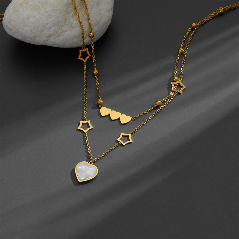 Titanium Steel Double Layer Necklace with Heart and Star Pendant for Women