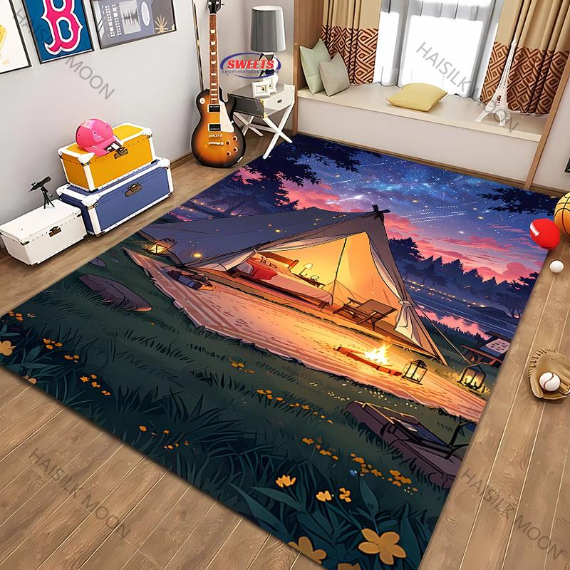 New Shelves! Outdoor Camping Theme Printed Carpet, Living Room Bedroom Office Children's Room Rug, Non-slip Machine Washable Mat