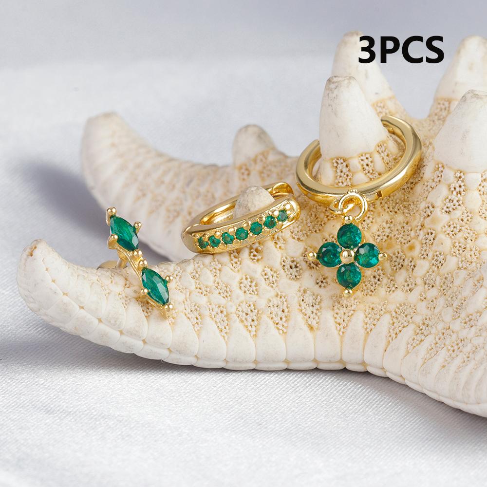 3PCS Green Zircon Flower Hoop Earrings Women Tiny Stainless Steel Round Circle Cartilage Piercing Earring Fashion Jewelry Sets