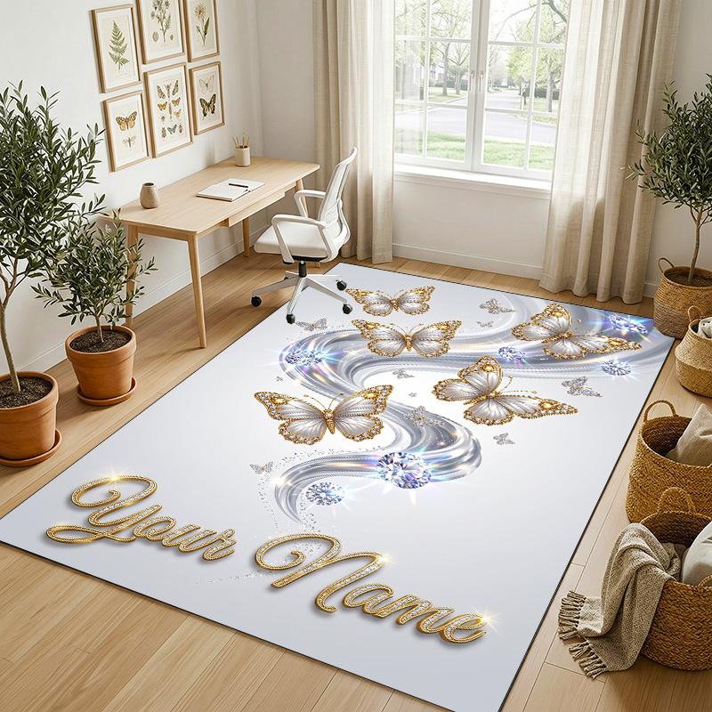 Butterfly Theme Crystal Velvet Rug Personalized Custom Name Text Soft Floor Mat Home Decor