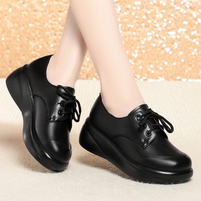 Platform Loafers Woman Spring New Slope Heel Leather Women's Shoes Cowhide Casual Lace-up Round Head Loafers Platform Shoes