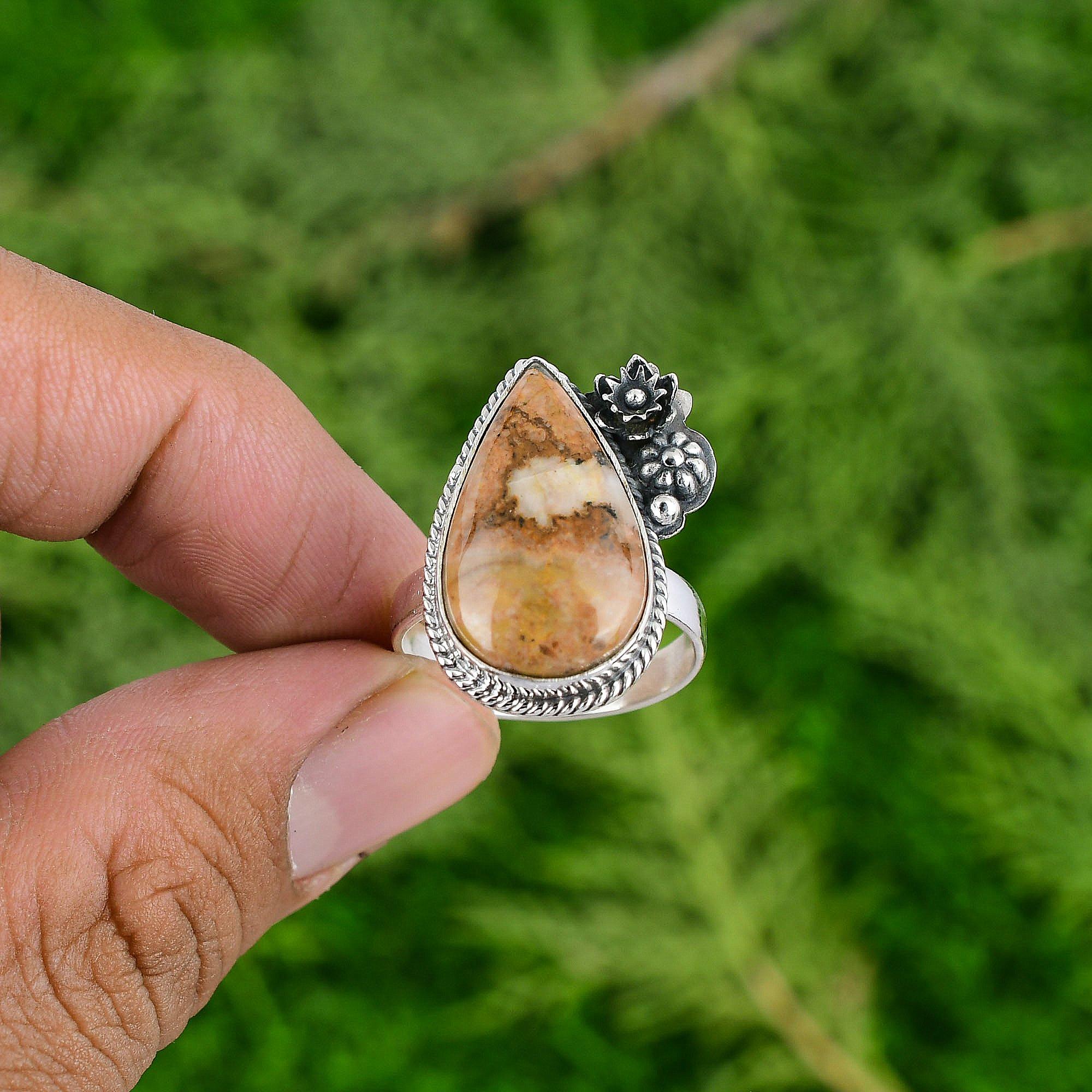 

925 Sterling Silver Pear Natural Mookaite Multi Stone Flower Sister Ring Jewelry Adjustable