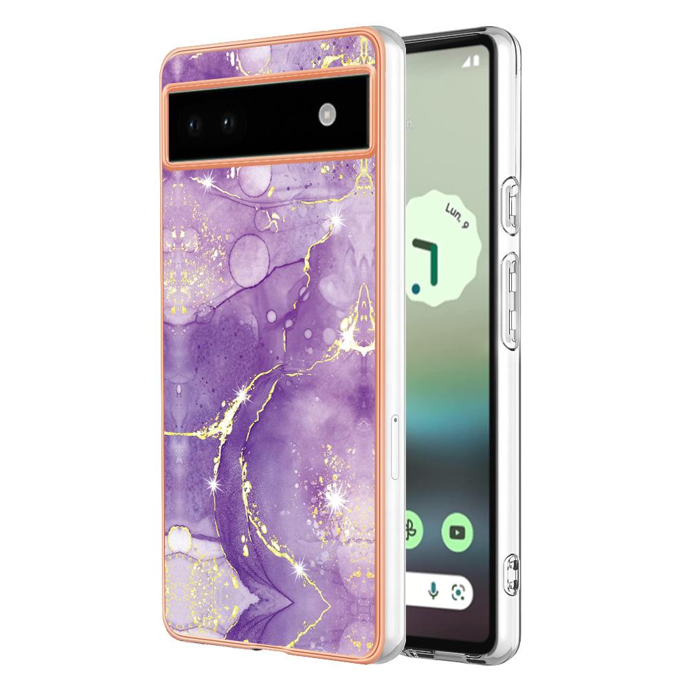 

For Google Pixel 6a TPU Case with IMD Marble Pattern Electroplated Back Cover Purple 002