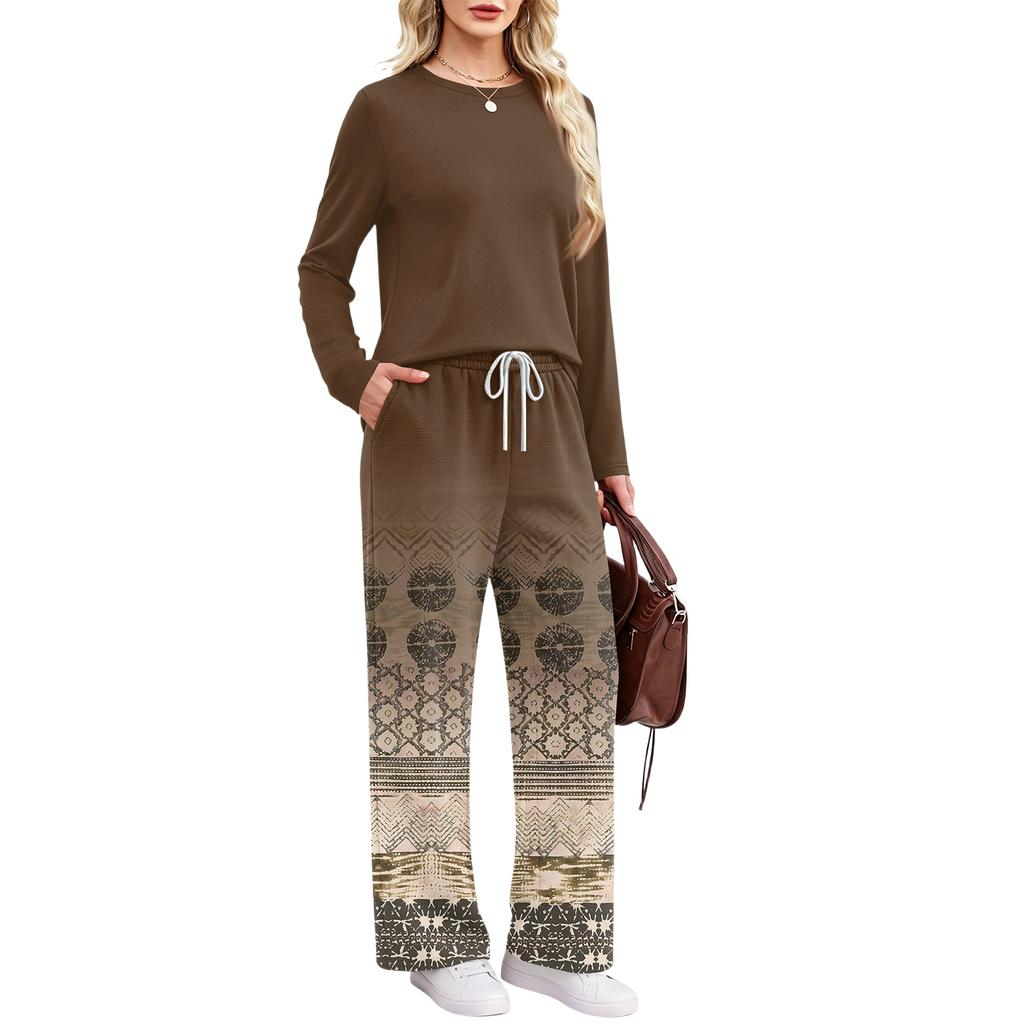 Women's Casual Printed Long Sleeve Round Neck Loose Fit Pajama Set with Pockets for Home Wear