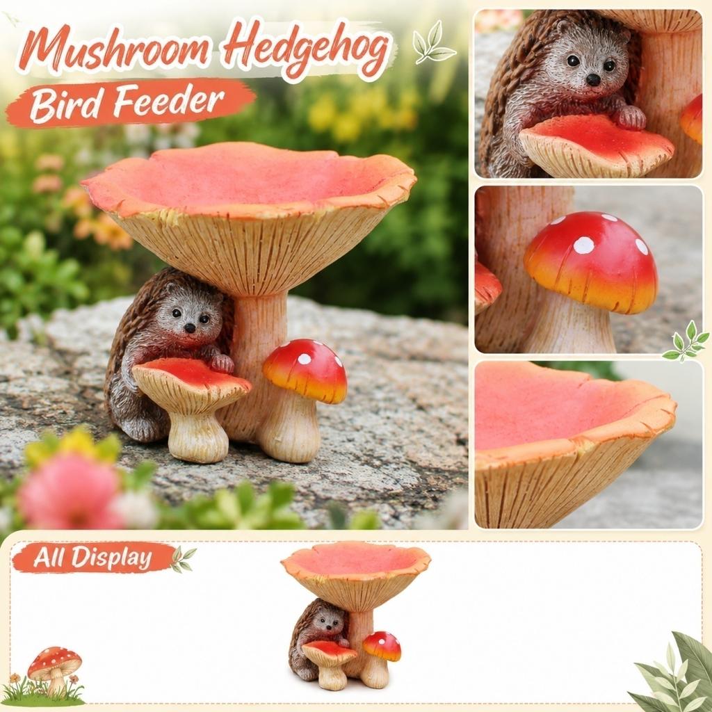 Hedgehog Mushroom Bird Feeder Ornament Resin Decorative Sculpture for Outdoor Garden Yard Patio Lawn Decor Statue